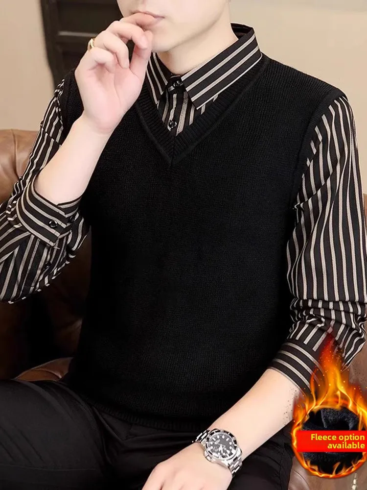 

Men's Faux Two-Piece Sweater Casual irt Collar Fce-lined Autumn Winter Striped Patchwork Knitwear Faion Urban Sle