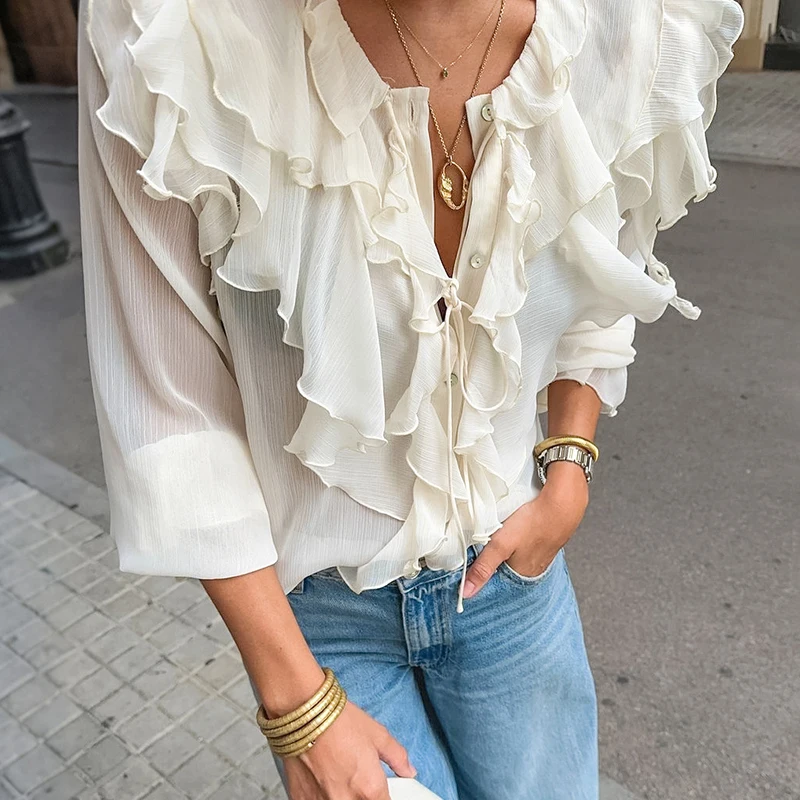 

Talenza Lacu Up Ruffled Top Women's V Neck Long Sleeve See Through Single Breasted Shirt Lady Office Lady Loose Casual Top Women