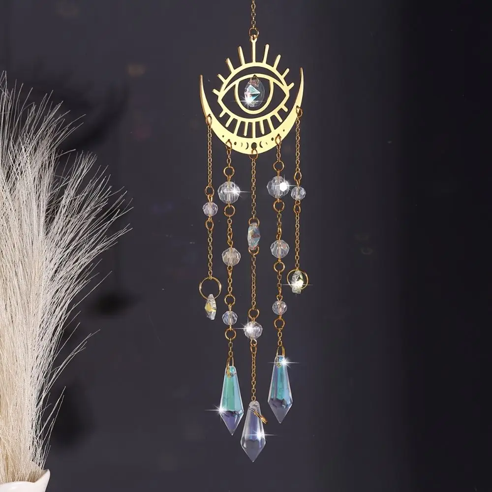 Golden Flame Moon Crystal Pendant AB Colourful Moon Eye Sunshine Catcher Hanging Moon Hanging Decoration Holiday Party Decor