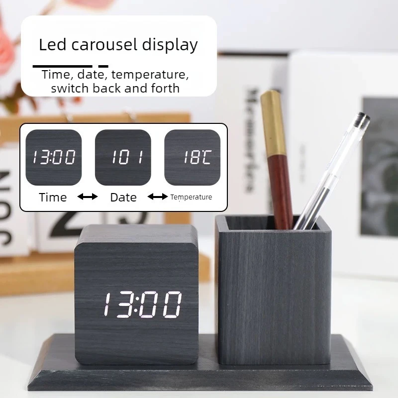 Creative Wooden Desk Pen Holder Clock Alarm Clock for Kids Students Bedroom Study Office Decor Office and Study Supplies