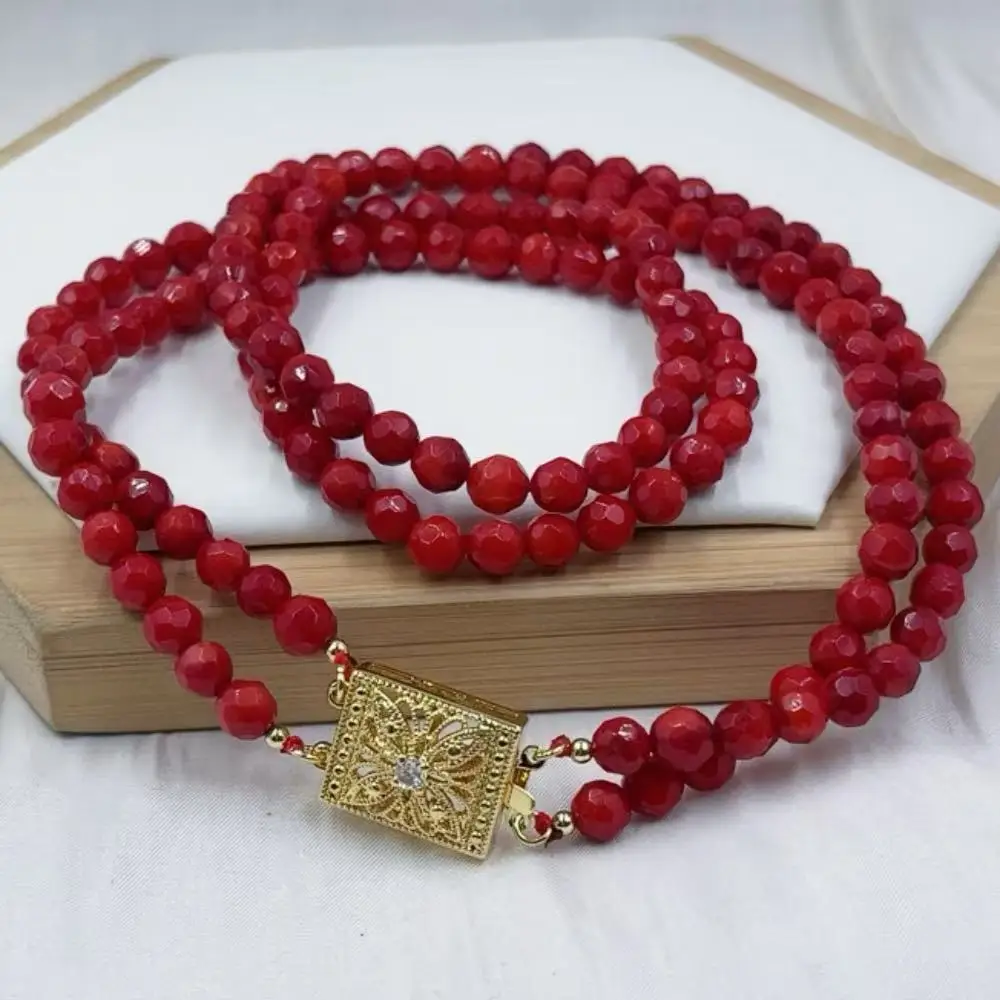 6mm 2-Strand Women Jewelry Gift Genuine Chokers Natural Sea Bamboo Red Coral Necklace 17-20inch
