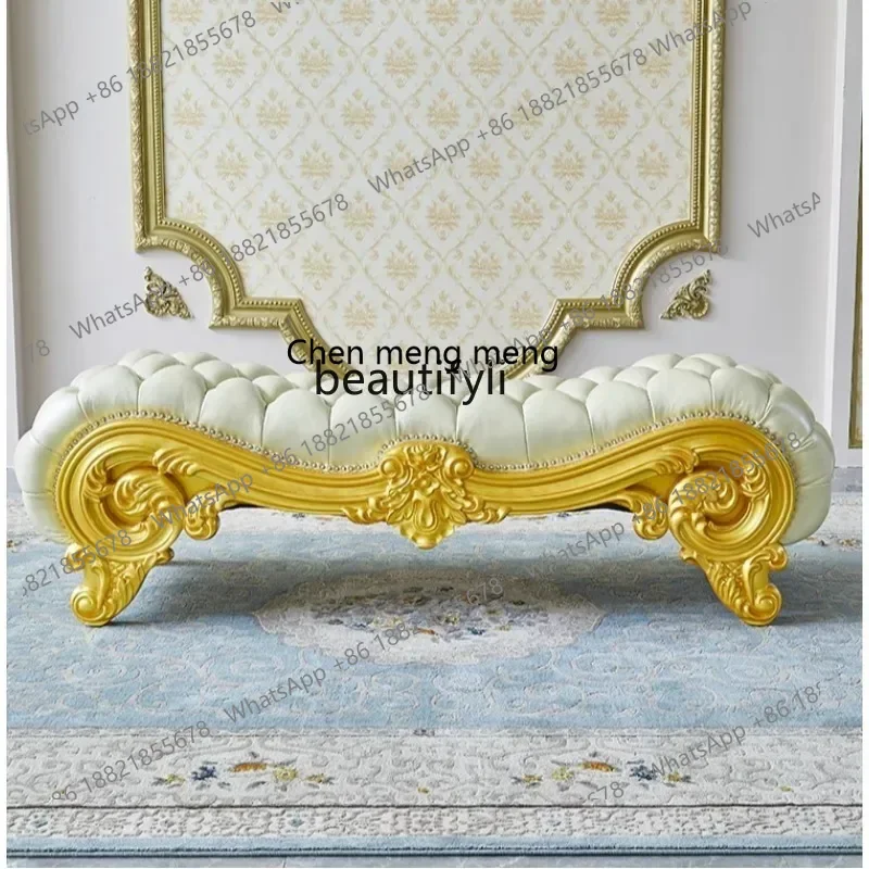 B178 Sail stool bedroom all solid wood leather log bed front stool bed tail couch engraved American style2936