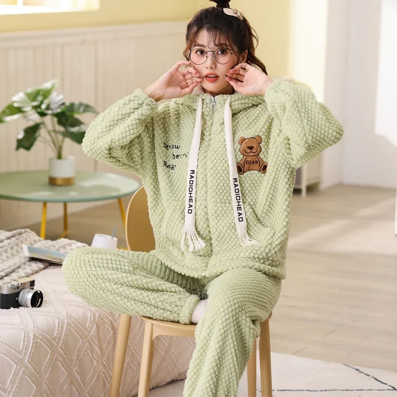 Kawaii High Quality Girl Plush Cartoon Pajamas winter Women\'s Flannel Pajamas Thickened Padded Night Robe Homewear Set pijama