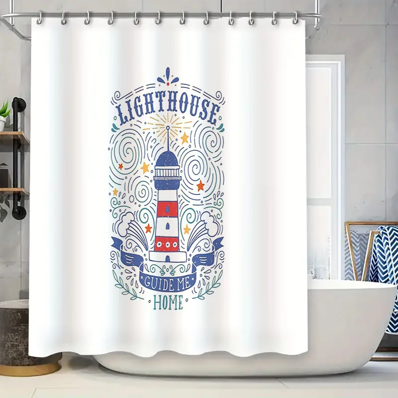 Cortina de chuveiro com farol costeiro, oceano, praia, à prova d'água, decoração de banheiro, decoração de casa náutica, vibrações à beira-mar, decoração costeira b