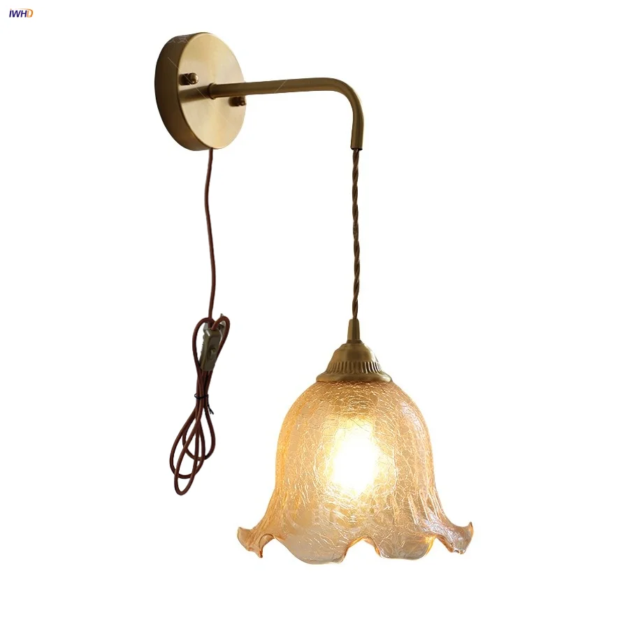 

IWHD Amber Glass LED Wall Lights Balcony Bedroom Hallway Nordic Modern Plug In Wire Adjustable Bathroom Lamp Sconce Aplique Pare