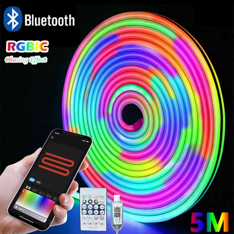 

Bluetooth RGBIC Neon Strip Light 5V Neon Led Strip Lights Smart 1M 2M 3M 5M Waterproof RGBIC Flex Ribbon Led for Tape Music Sync