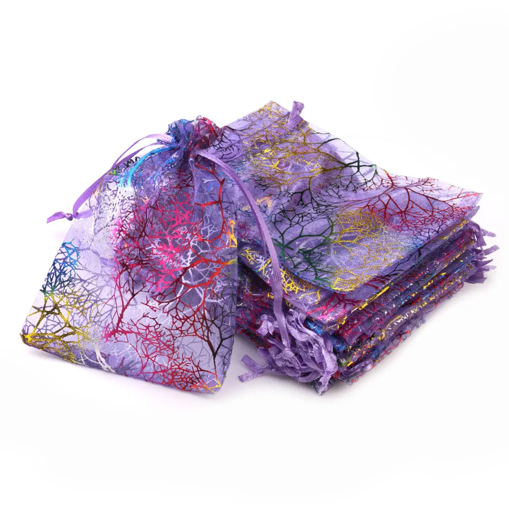 

50pcs Pink Purple Organza Bags 7x9cm 9x12cm 10x15cm 13x18cm Colorful Tree Pattern Christmas Candy Drawstring Pouches Gift Bag