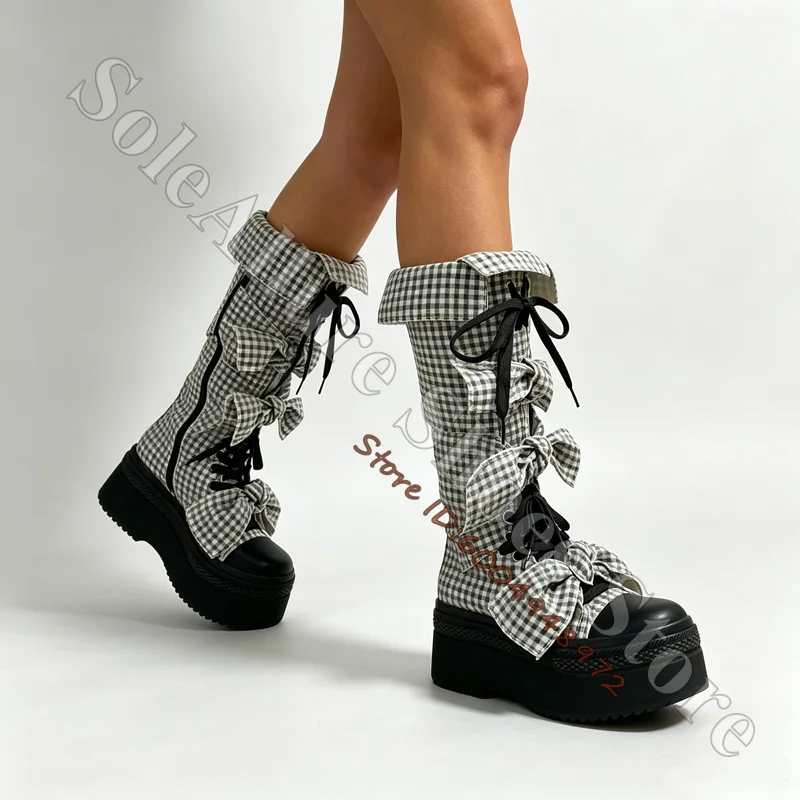 Black White Gingham Bow Knee High Platform Boots Frayed Plaid Cuff Fold Over Lace-Up Chunky Booties Cottage Lolita Sweet Boots