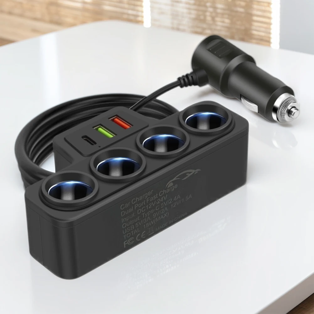 3 USB Socket QC3.0+PD 3.1A 3 USB Ports Car Cigarette Lighter Splitter 4-Socket 18W Phone Power Adapter USB Phone Charger Adapter