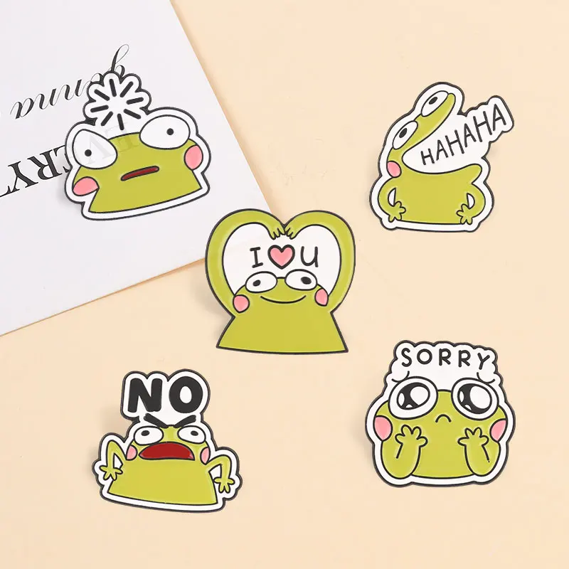 Lustiger Cartoon-Frosch-Emoji-Emaille-Pin: Süßer Frosch „Ich liebe dich“ Herz-Gesten-Brosche für Taschen und Revers – Schmuckgeschenk für Freunde – Detail 8
