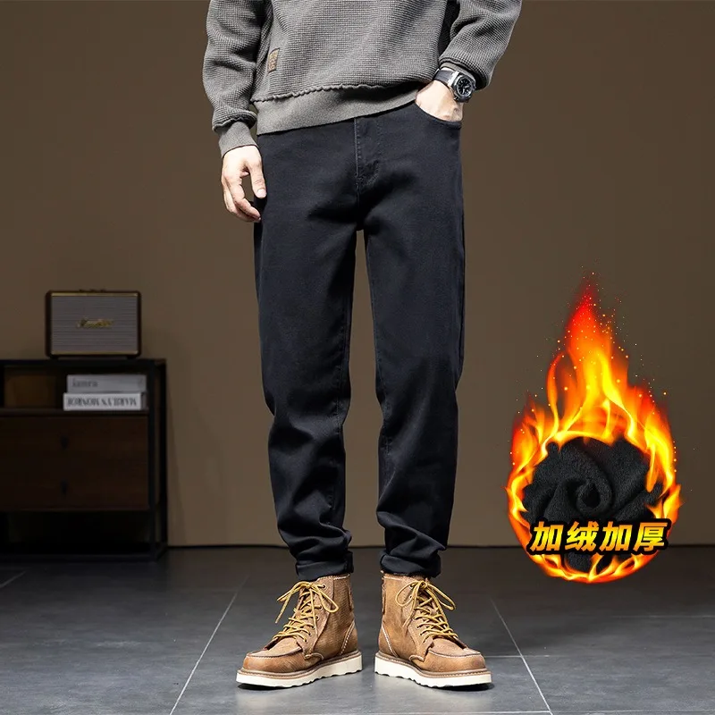 Calças jeans de lã preta masculina, jeans harém grossos, calças lápis soltas, calças largas retas, tamanho grande, outono, inverno, meninos, plus, tamanho 42, 46