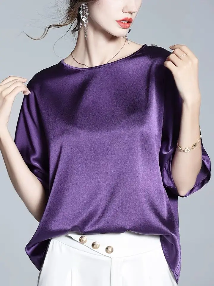 Angleterre élégant Vintage Blouse 2026 automne femmes chemise en soie glacée grande taille femmes demi manches acétate satin chemise couleur bonbon