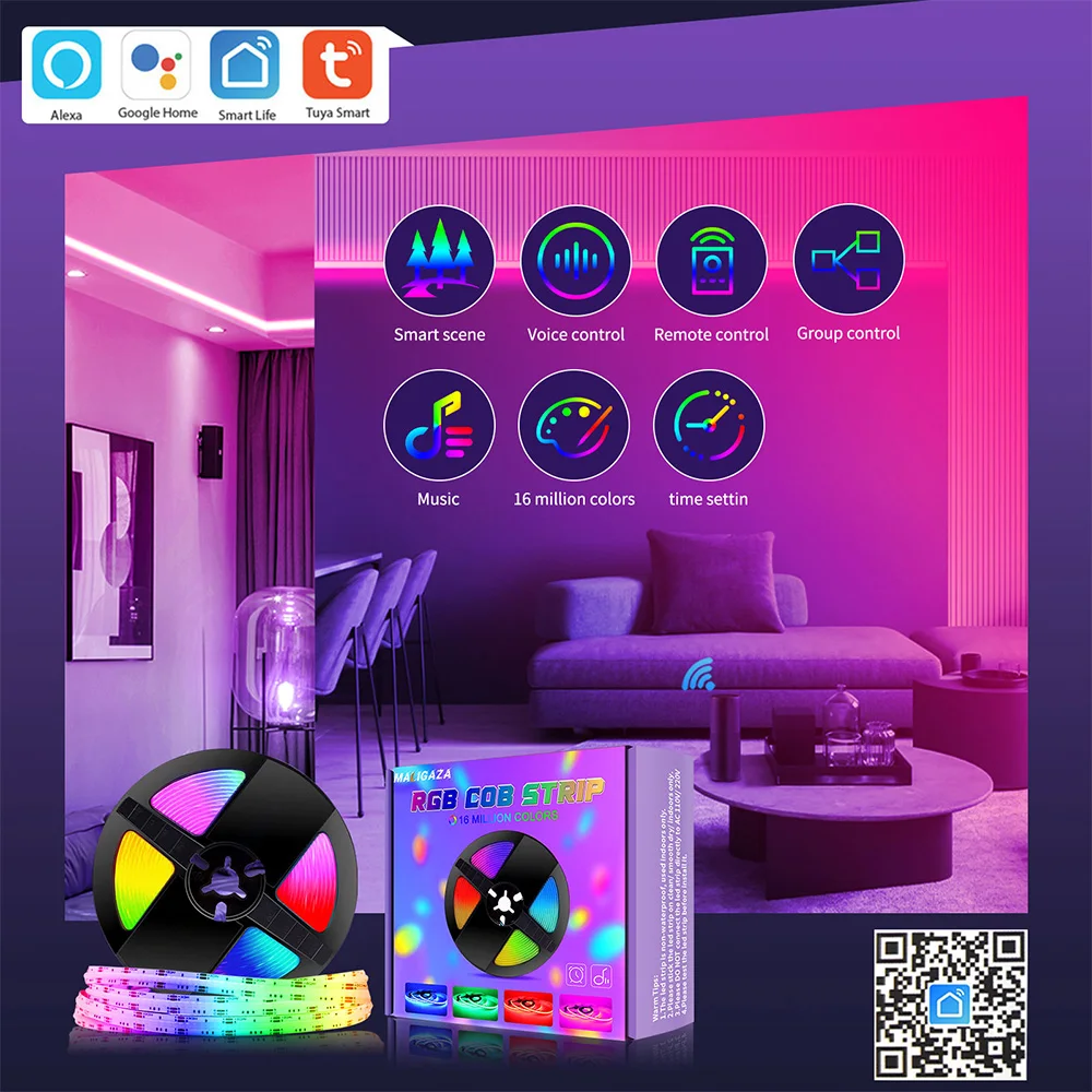 Tuya Wifi RGB COB LED Strip Light Kit Work With Alexa SmartThings Google Home Smartlife Bluetooth Colorful Decor Lighting Tape