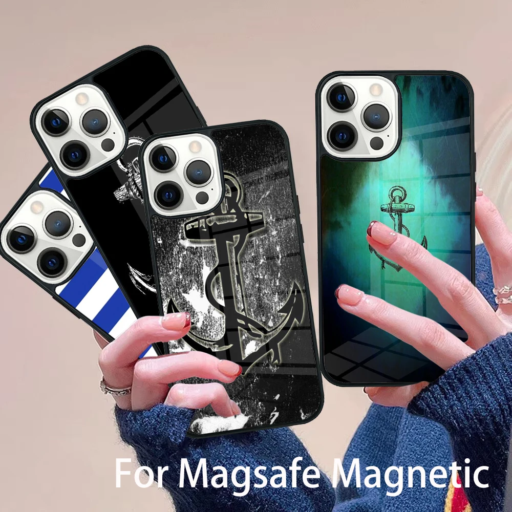 

Nautical Tattoo Blue Anchor Art Phone Case Magesafe Magnetic Wireless Charge Cover For IPhone 16 11 12 13 14 15 Pro Max Plus