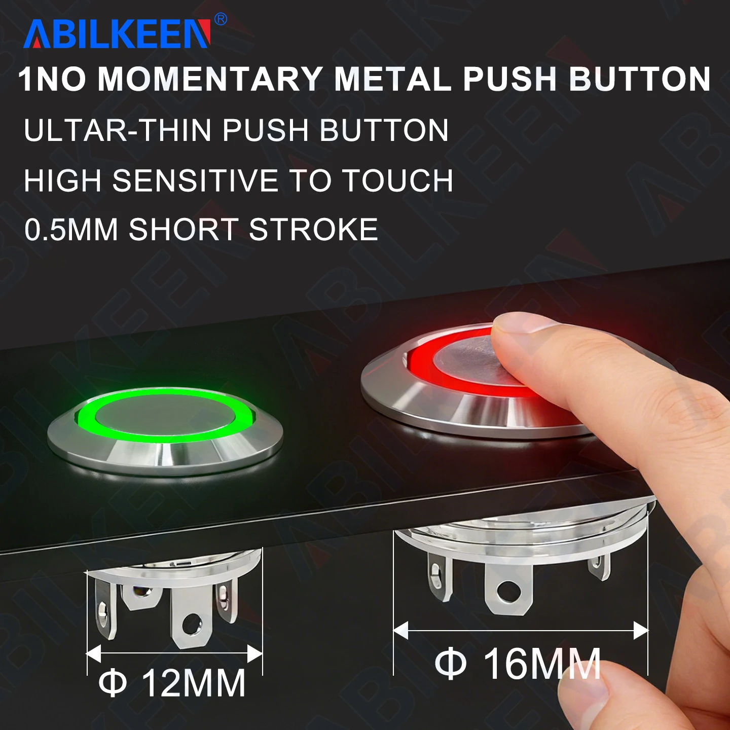 ABILKEEN 16MM Ultra-Thin Metal Push Button 1NO Momentary Push Button Switch with Red+Green+Blue Tri-Color LED Light DC 6V 24V