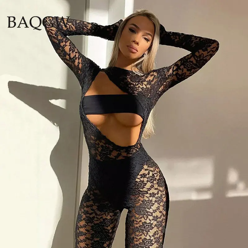 Floral Lace Long Sleeve Cut Out Jumpsuit +crop Top+panties Three Pieces Women Summer Sexy Goth See Through Body Shaping Overalls