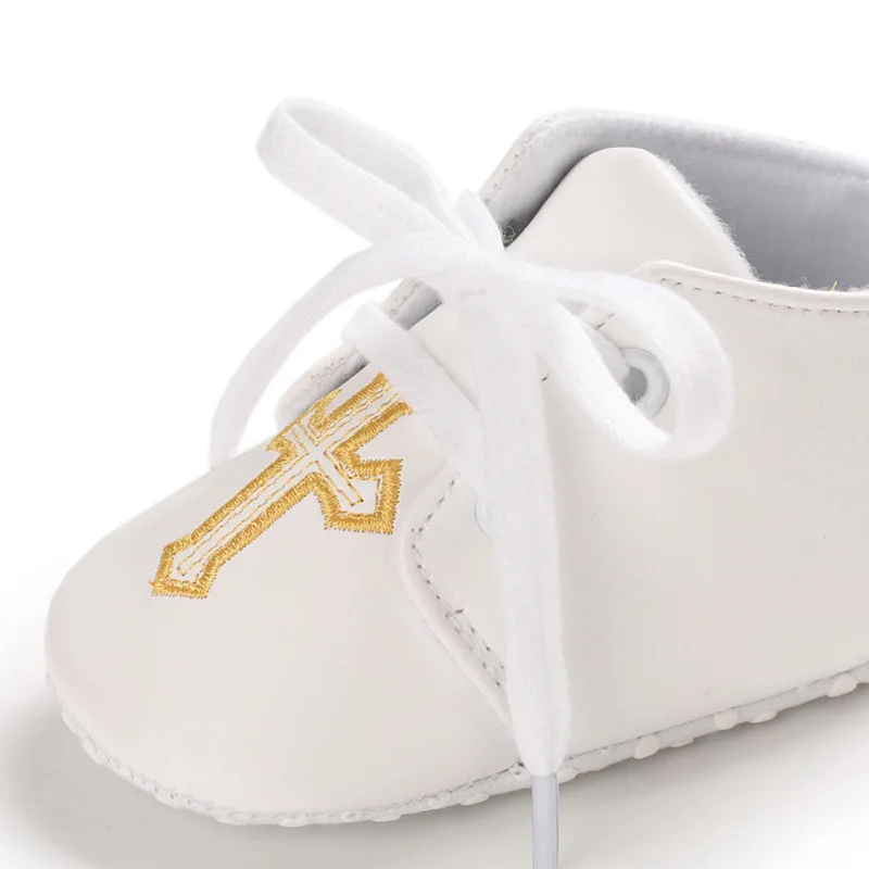 Newborn Baby White Baptism Shoes Soft Anti-slip Toddler Boy Girl Christening Golden Church Cross Soled Infant First Walker Shoes