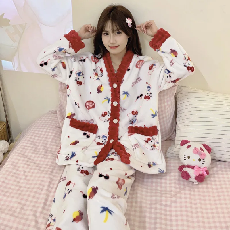 Novo sanrio hello kitty anime pijamas femininos outono e inverno engrossado calças de manga comprida terno kawaii solto confortável homewear