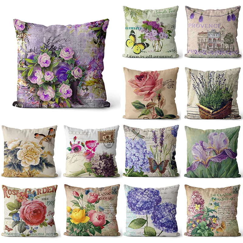 

2022 Happy Easter Day Purple Flower Pillow Case Hydrangea Lavender Rose Forest Pillowslip Flower Cushion Covers Sofa Living Room