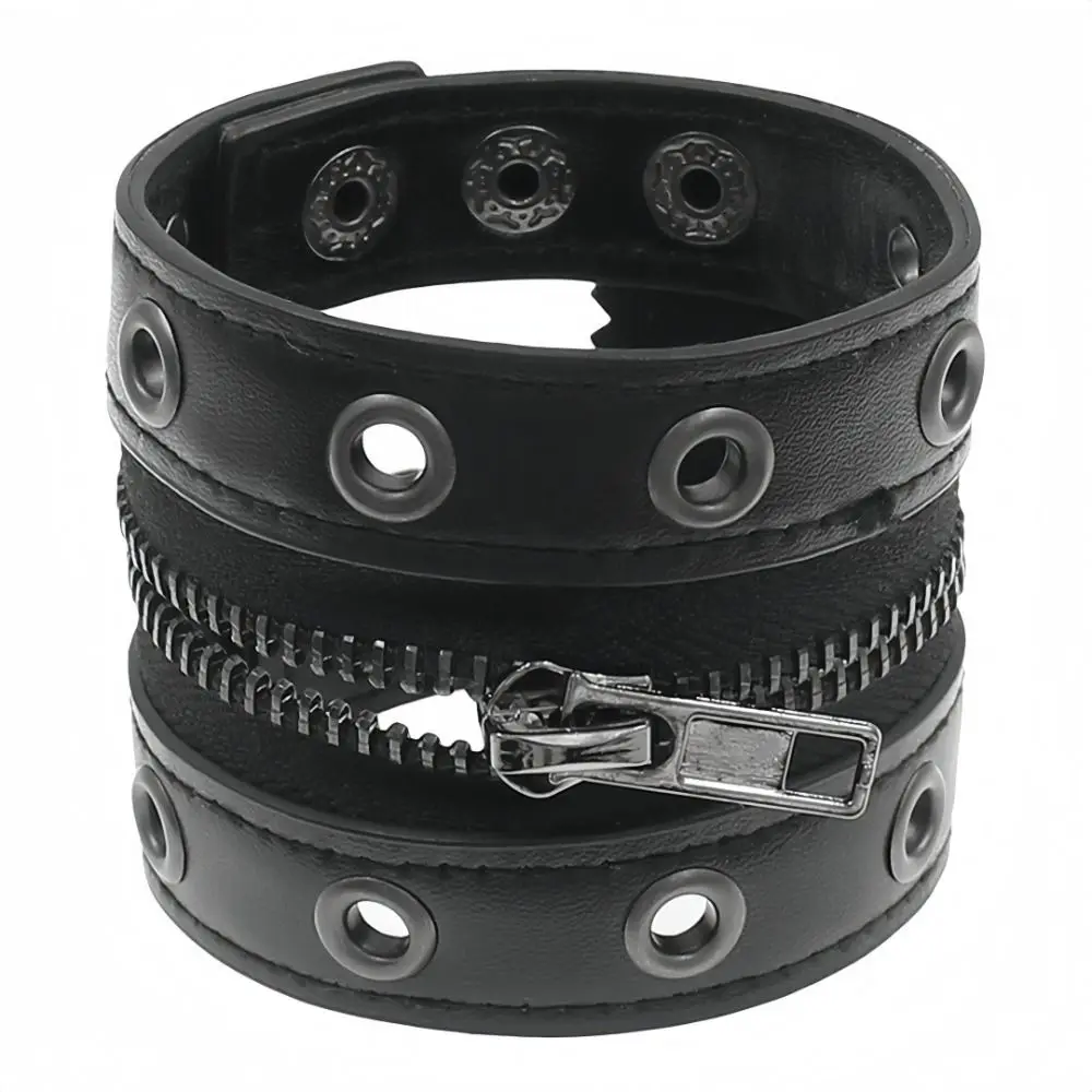 New Leather Leather Wristband Rivet Accent Zipper Detail Rivet Bracelet Snap Closure Punk Style Wrist Cuff Bracelet