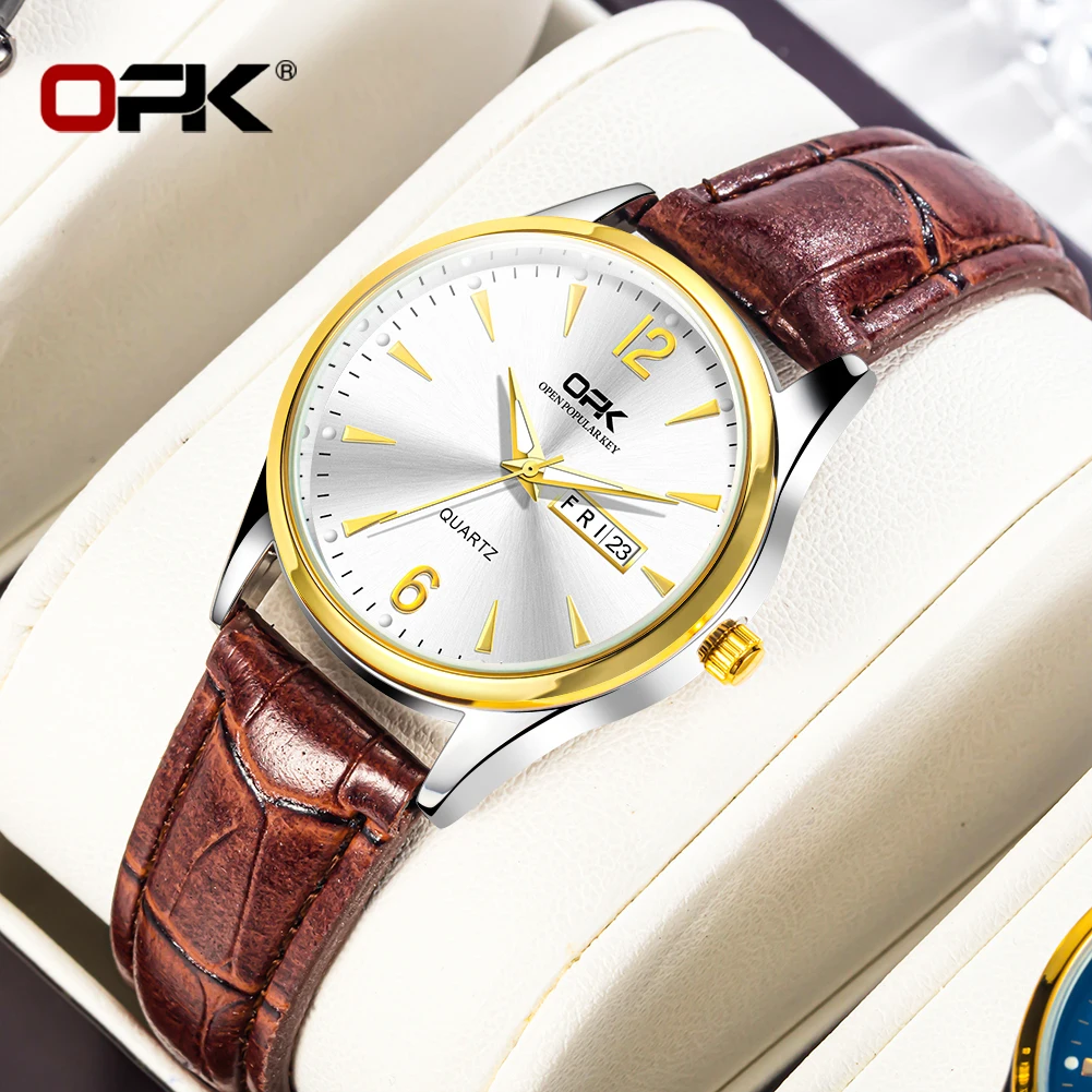OPK brand luminous waterproof double calendar belt ladies quartz watch 8138