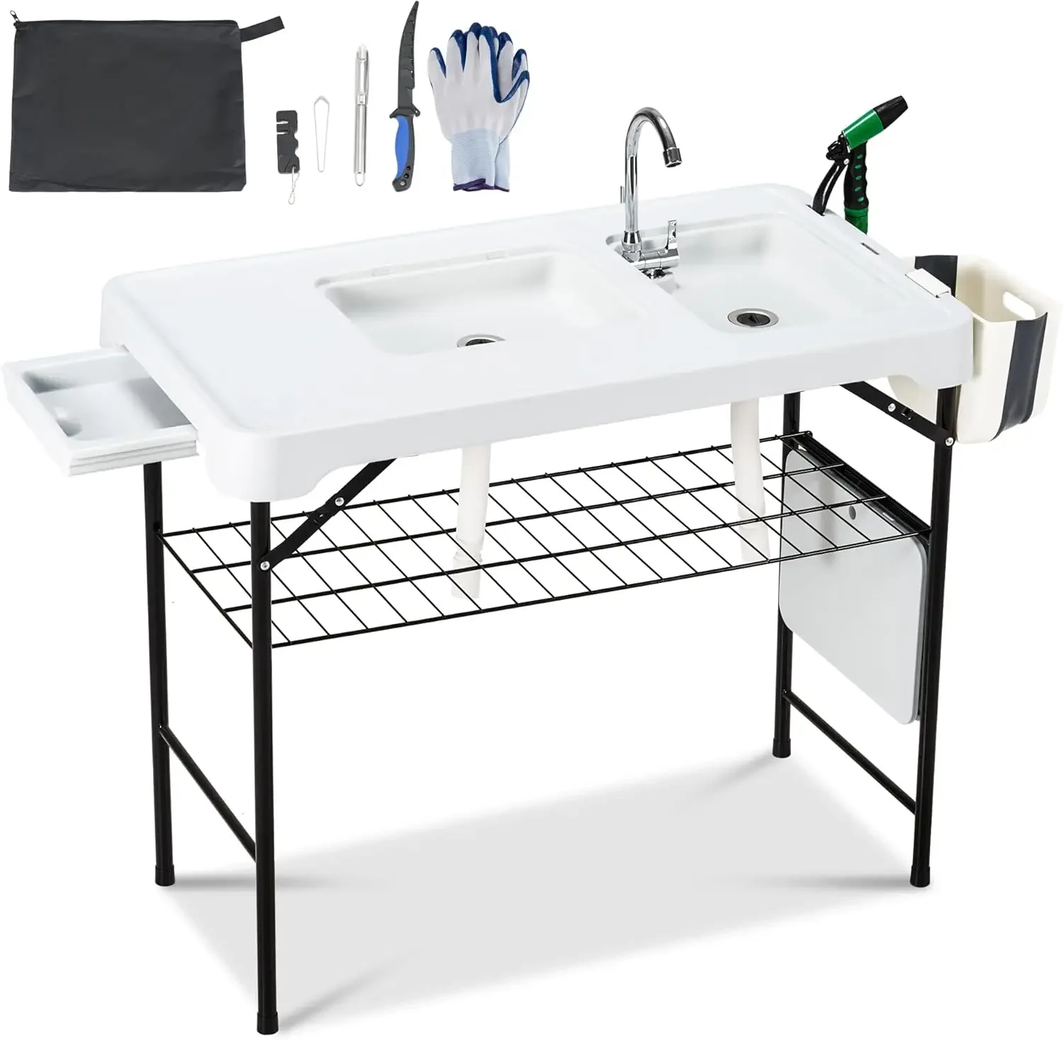 42'' Outdoor Fish Cleaning Table Portable Camping Sink Station with Double Sinks, Collapsible Swivel Faucet, Picnic Sink Table w