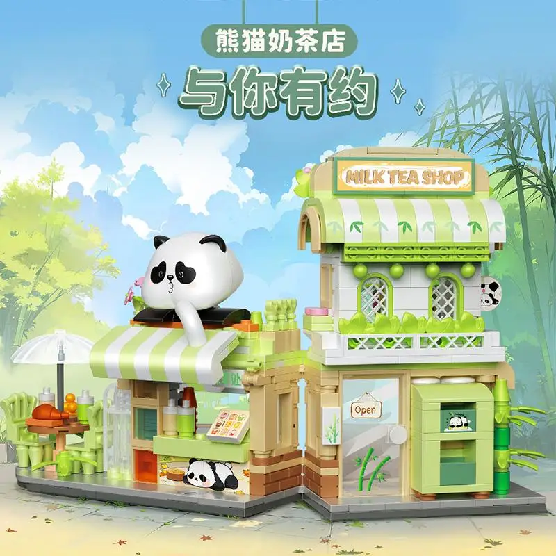 Panda Series Building Blocks ฉากถนนปริศนาอนุภาคขนาดเล็กประกอบของเล่นเดสก์ท็อปเครื่องประดับคอลเลกชันของขวัญ