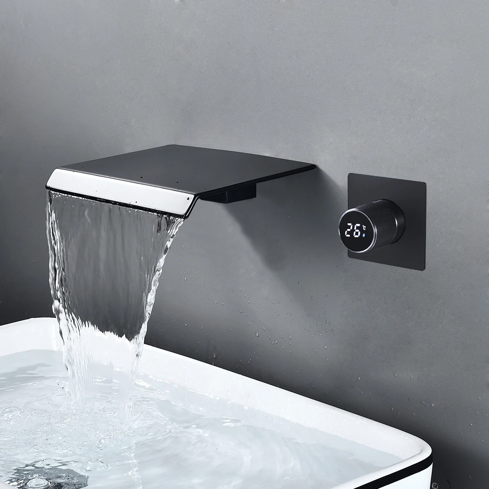 BAKALA-grifo de baño con pantalla Digital, montado en la pared, cascada, lavabo, mezclador de agua caliente y fría