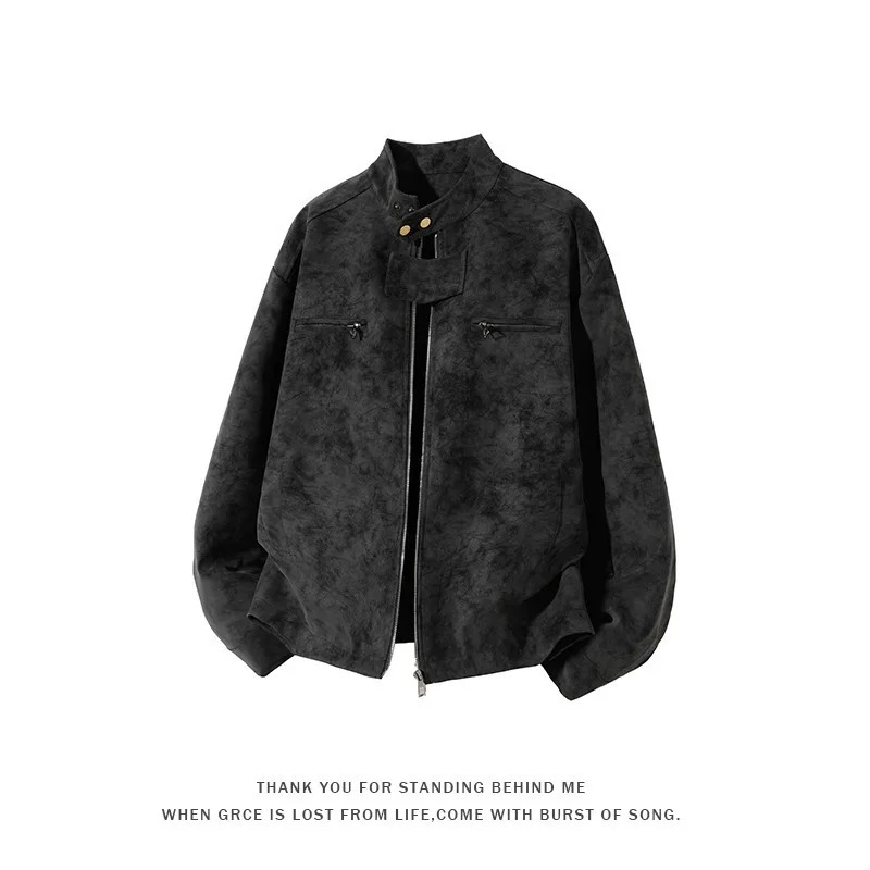 Men's Fashion High Street Tie Dye Stand Collar Jacket Motorcycle Sporty Retro Workwear PU Leather Long Sleeve Winter Coat