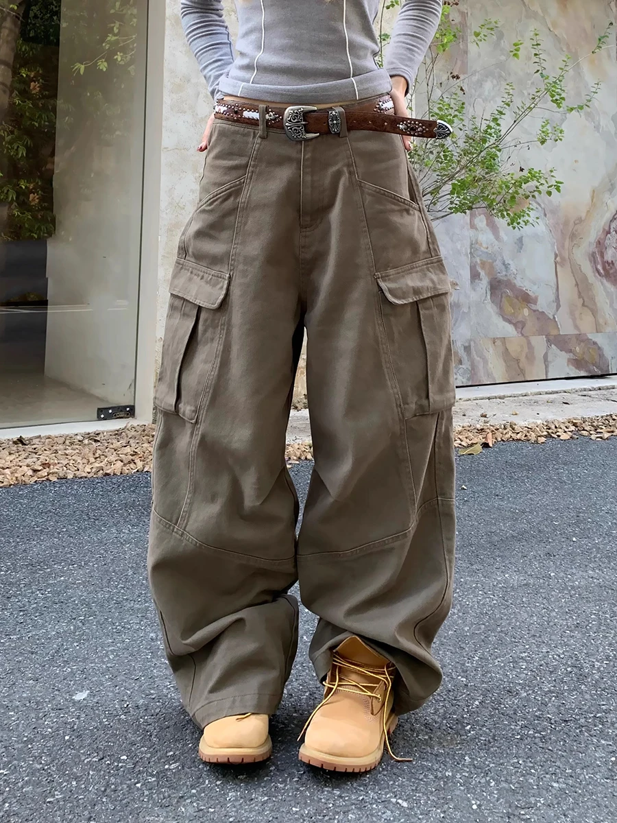 

American Style Coffee Color Denim Pants with Large Pockets Deconstructed Workwear for Men And Women High Street Vintage Loose...
