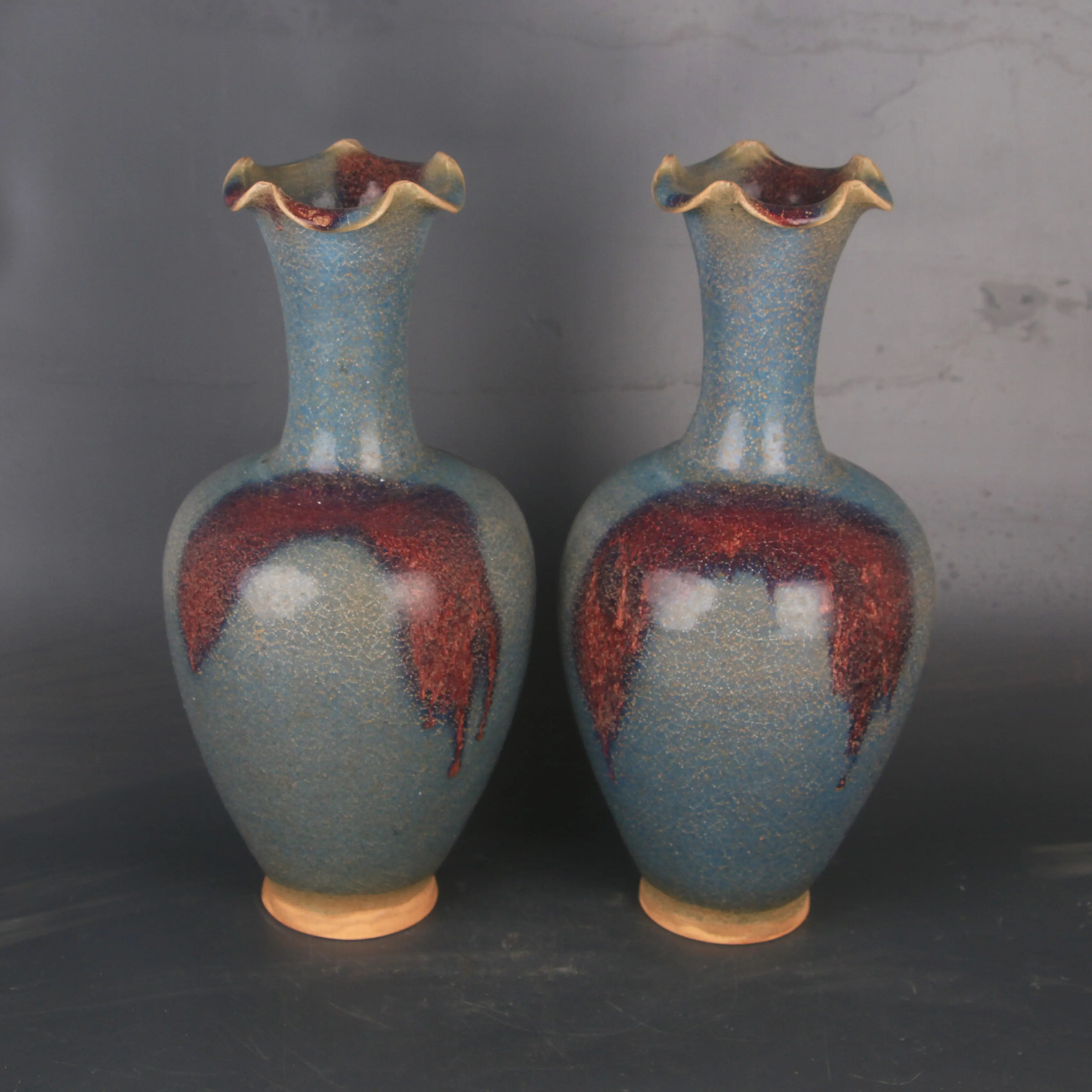 Song Dynasty Jun Kiln Blue Glaze Splashed Flower Mouth Guanyin Vase Pair Handmade Home Decor Collectible