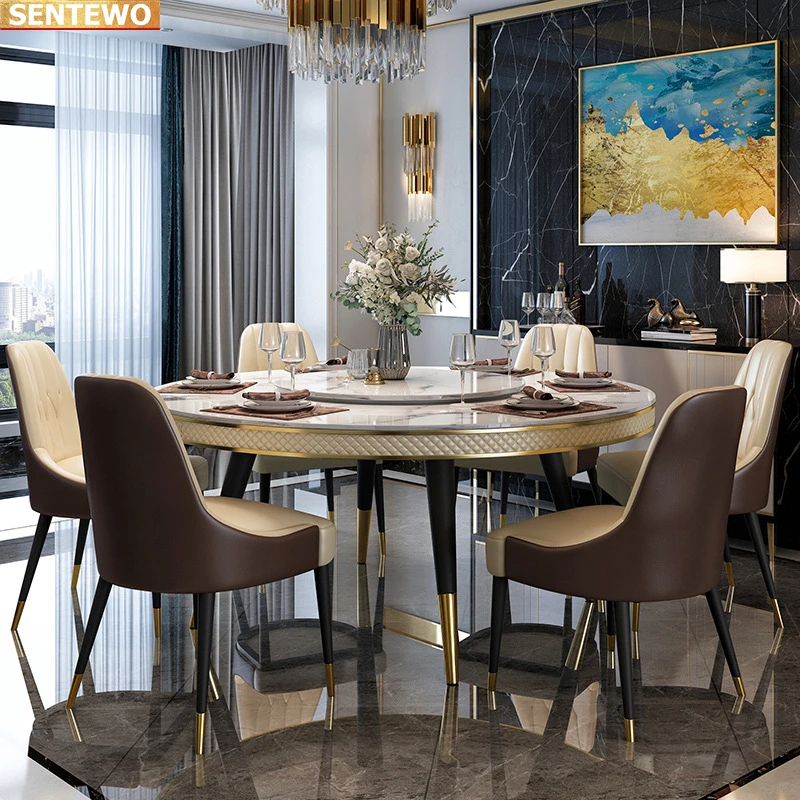 Designer Luxury round kitchen Marble Rock Slab dining table set 8 chairs tisch furniture meuble marbre Stainless steel gold base