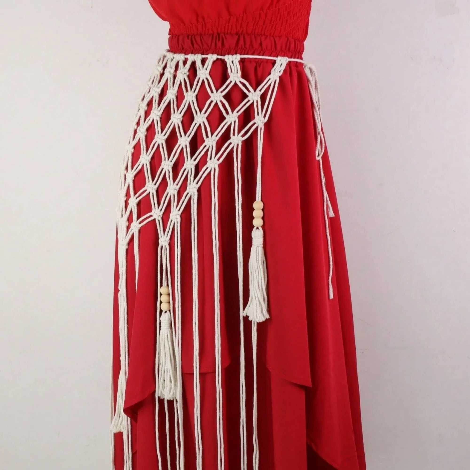 Bohemian Netted Fringe Waistband Decorative Tassel Ethnic Design Handwoven Bikini Cover Up Fringed Waist Belt