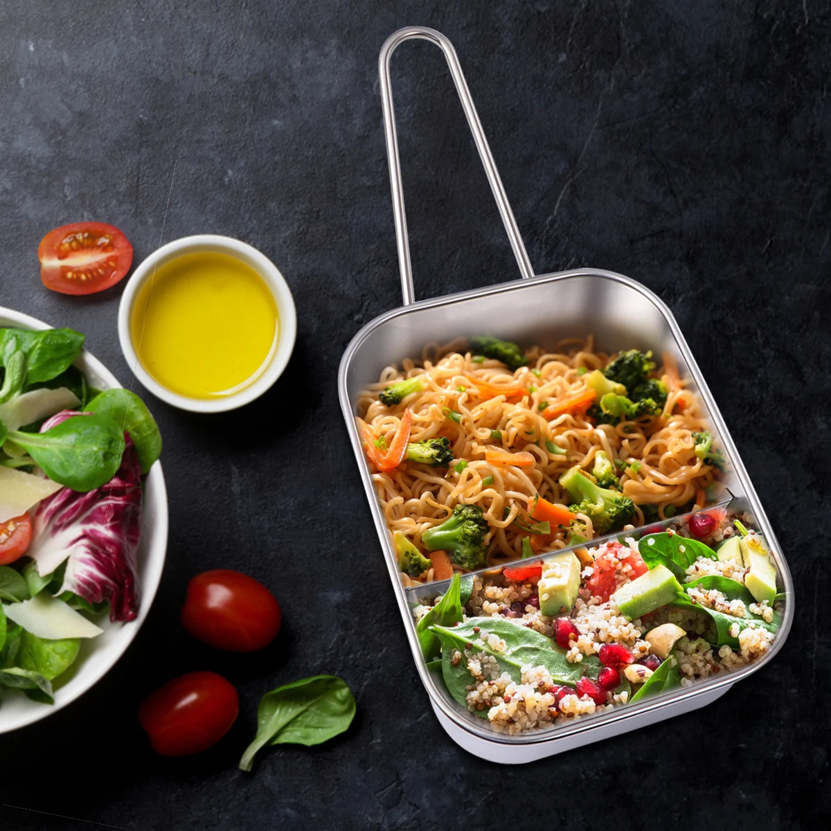 

Stainless Steel Lunch Box Compartment Bento Container Leakproof Lid Foldable Handle Heat Resistant For Office