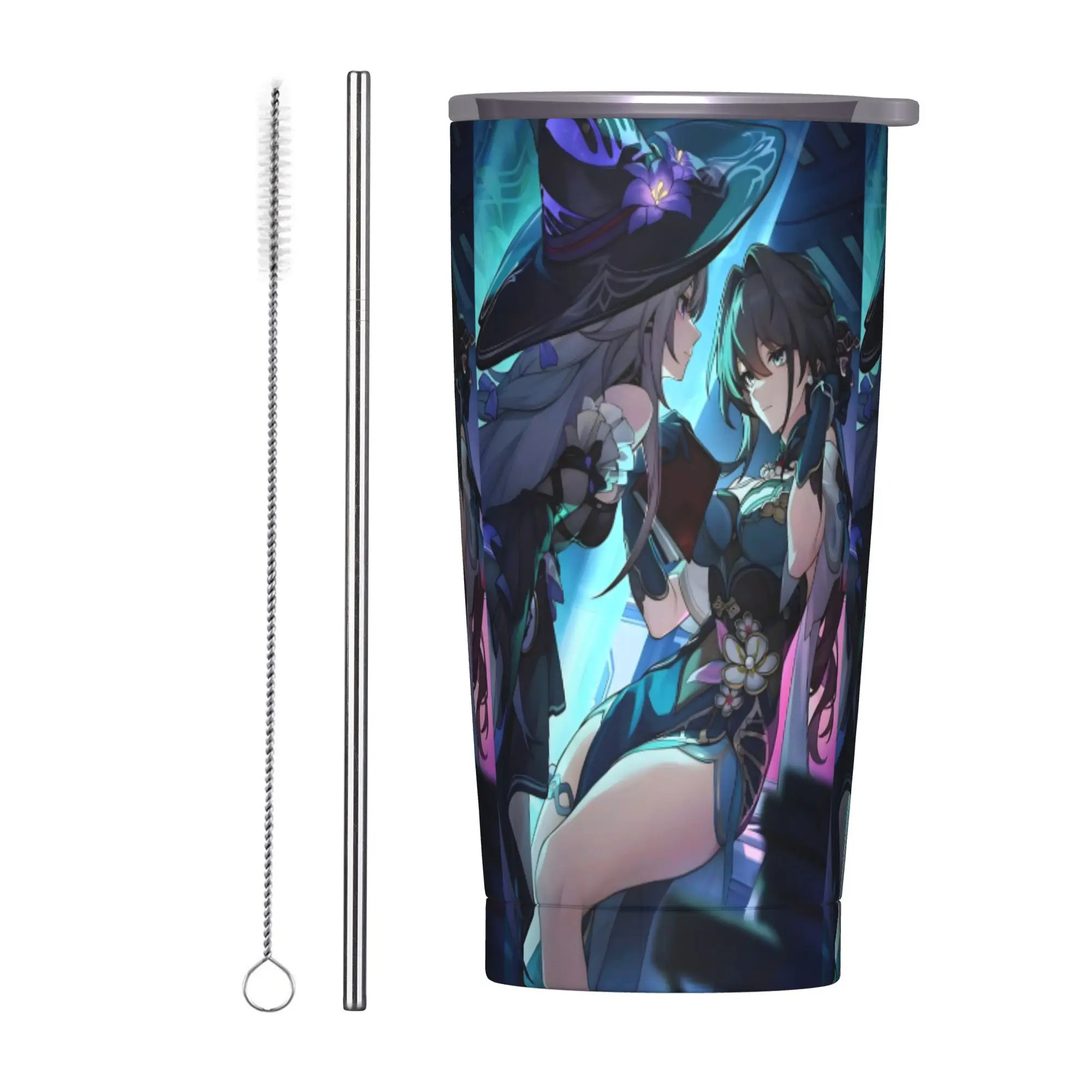 Herta and Ruan Mei Insulated Tumbler with Straws Lid Honkai Anime Stainless Steel Thermal Mug Office Home Water Bottle Cup, 20oz