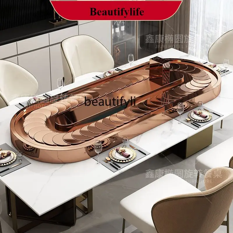 

Rectangle electric vegetable turntable Oval stainless steel conveyor belt home dining table Automatic rotary display turntable G