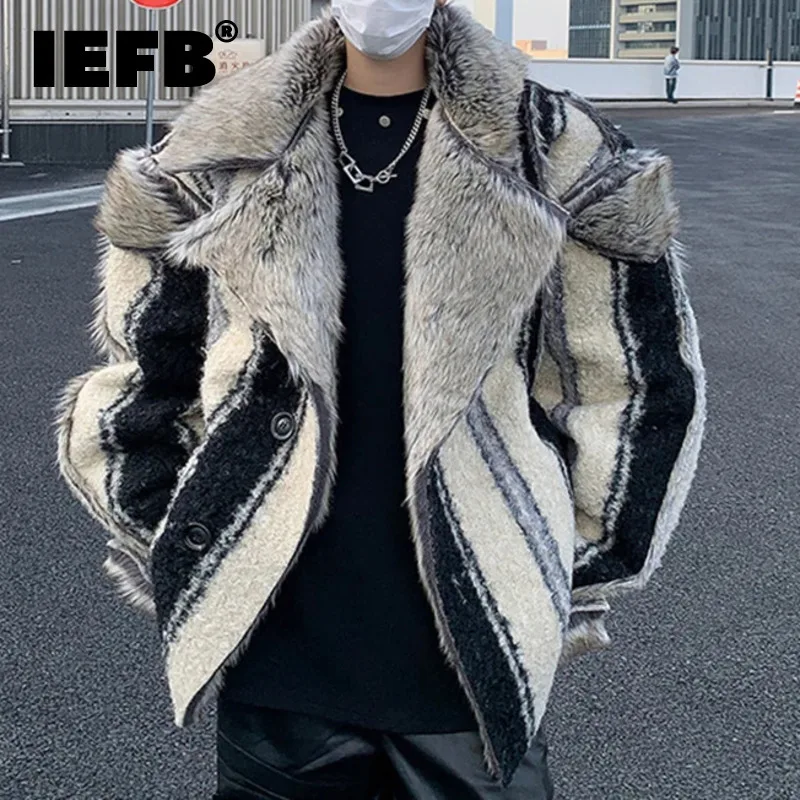 

IEFB Male Fake Fur Jackets Stripe Printing Lapel Plush Thickened Men's Short Coat Reversible Wear New Fashion Winter 2024 9C4108