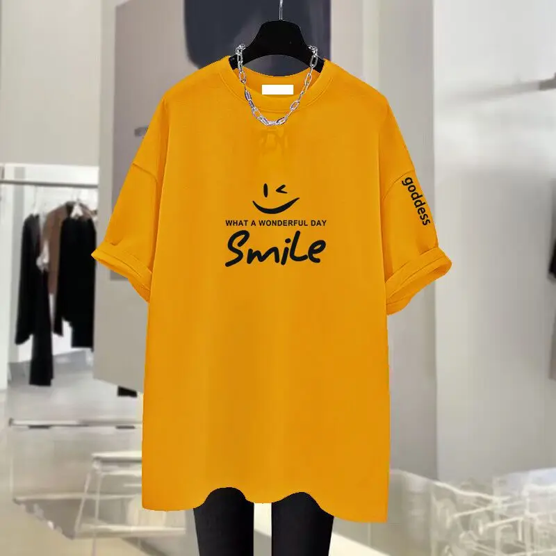 Summer Chic Hand-painted Letter Printing Top Tees Women Pure Cotton O-neck Short Sleeve Basic T-shirt Loose Pullover 45-105Kg
