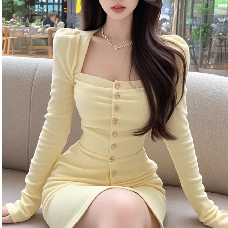 우아한 긴소매 스퀘어 칼라 싱글 버튼 드레스 여성 고급 슬리밍 하이웨이스트 A라인 스커트 폴리에스터 섬유 가을 겨울