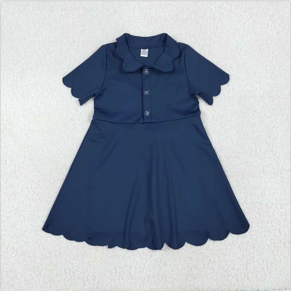 

New Sibling Baby Girls Navy Blue Short Sleeve Button Active Wear Athletic Boutique Kid Yoga Designer Clothes Girls Dress Toddler
