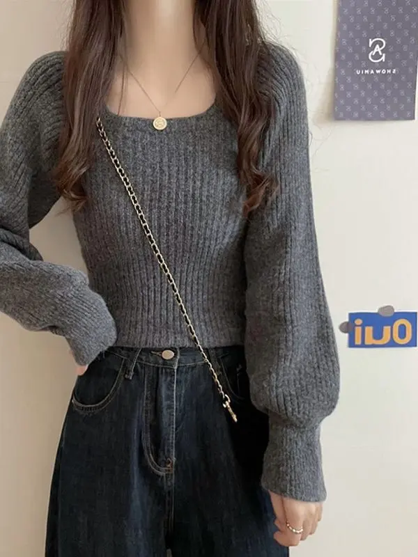 سترة محبوكة بأكمام طويلة على الطراز الكوري، قميص نسائي كطبقة أساسية، ياقة مربعة، ناعم ومريح للارتداء اليومي في الربيع والخريف