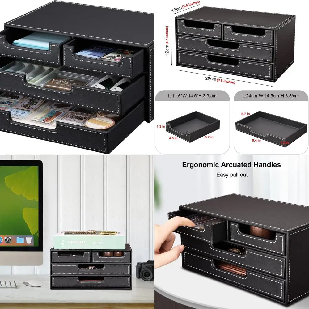 

Компактный настольный органайзер из искусственной кожи с 4 ящиками для офиса, канцелярских принадлежностей и хранения купюр черного цвета