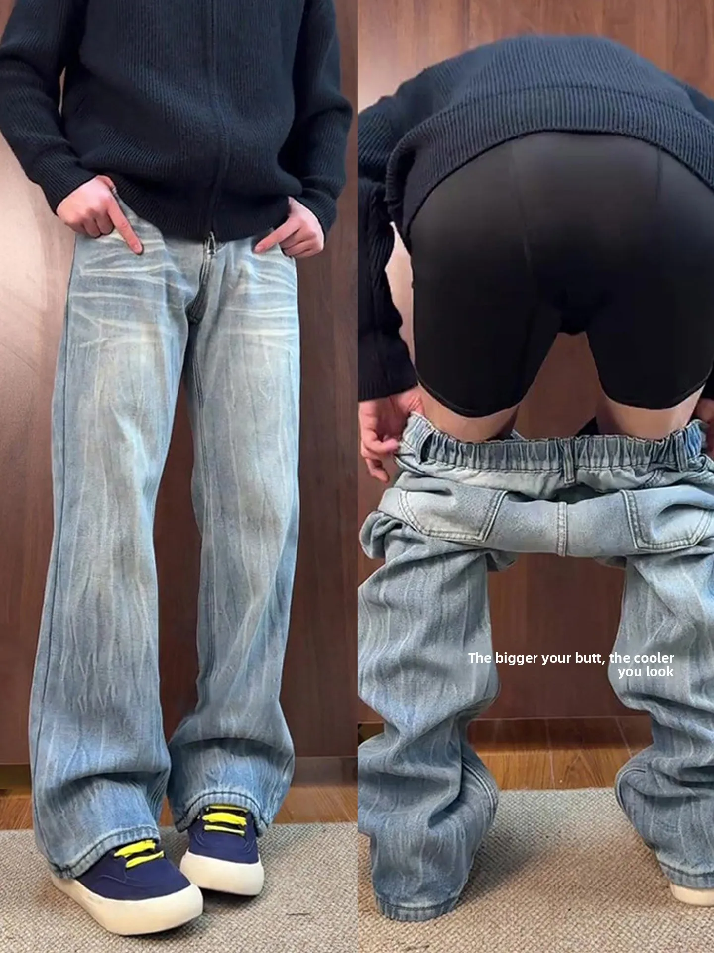 

Light Blue Lightning Pattern Flared Jeans Men's Thi Legs Big Butt Conceal Meat Slimming Pants Fce Straight Leg Long Trou...