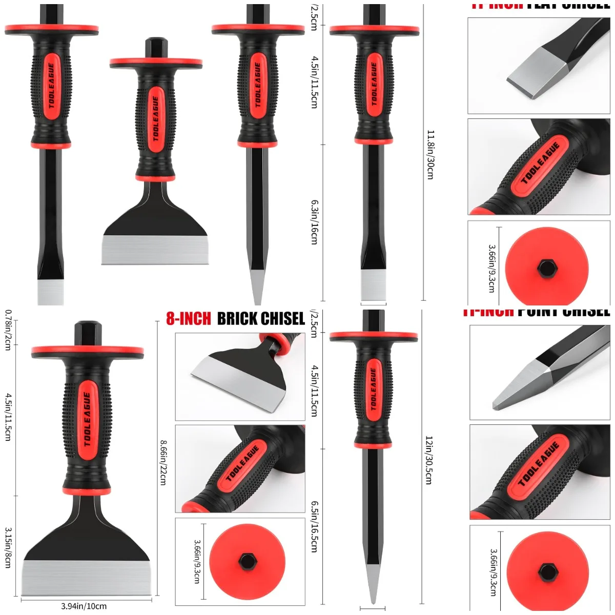 

3Pcs Heavy Duty Masonry Chisel Set, 11-Inch Point & Flat, 8-Inch Brick Chisel with Hand Protection