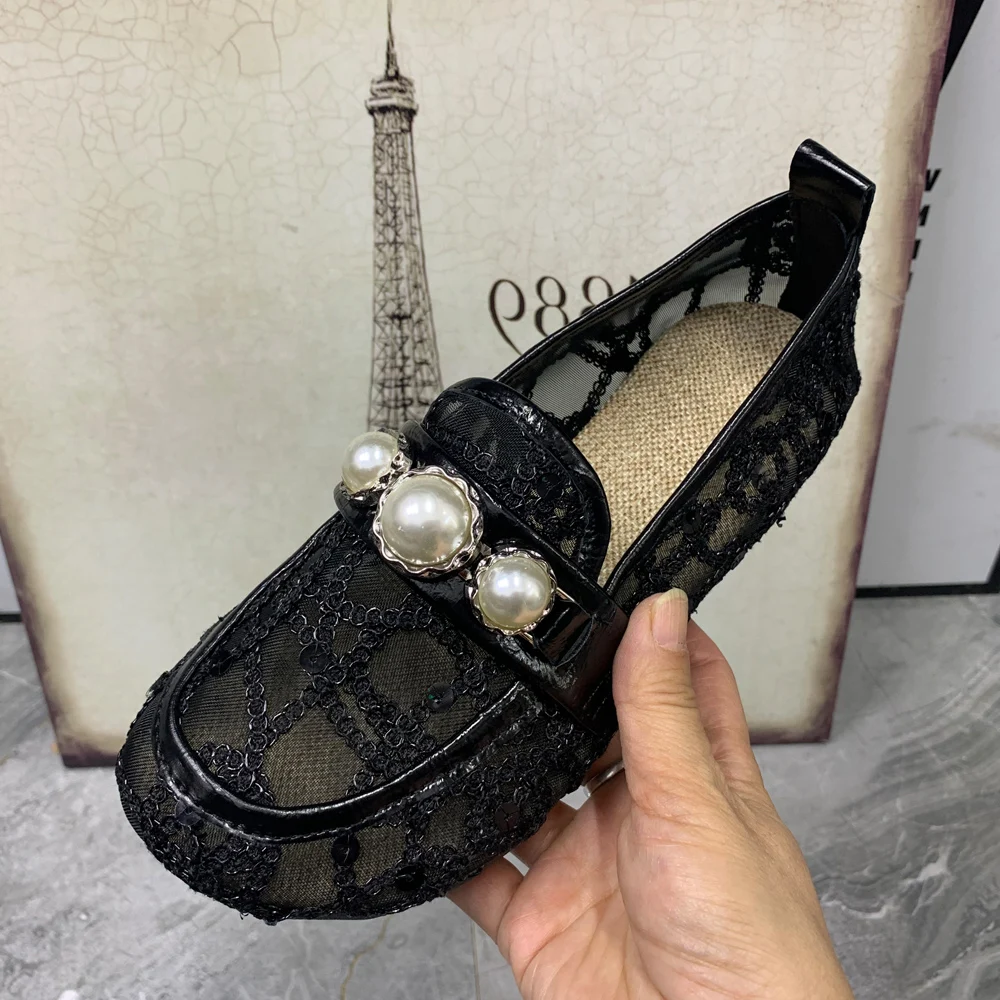 Fashion Women Loafers Pearl Gauze Casual Summer Women Shoes Plus Size Sandals Breathable Designer Women Shoes