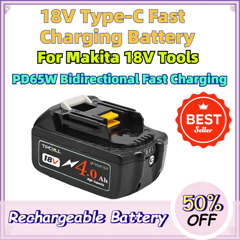 18V 5.0Ah 6.0Ah Type C Fast Charging Battery for Makita Power Tools with PD65W Bidirectional Charge 20P 25R Cells