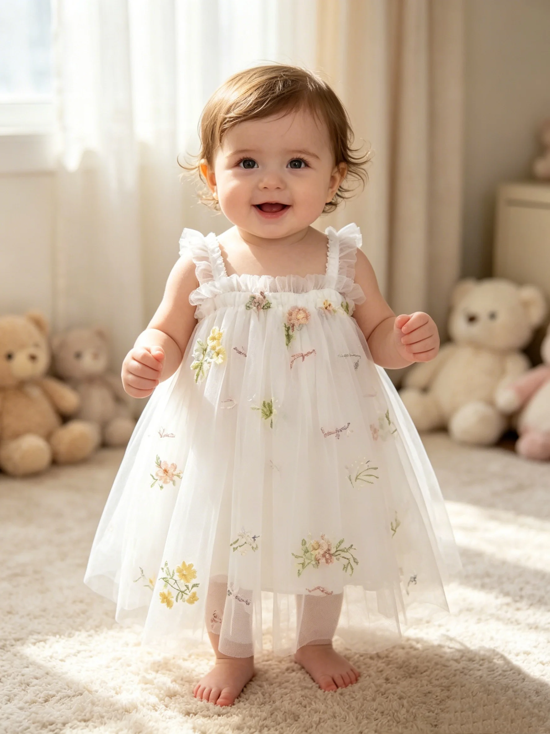 Baby Summer Strap Mesh Princess Skirt 3D Colorful Floral Embroidery Sleeveless Fluffy Tulle Skirt