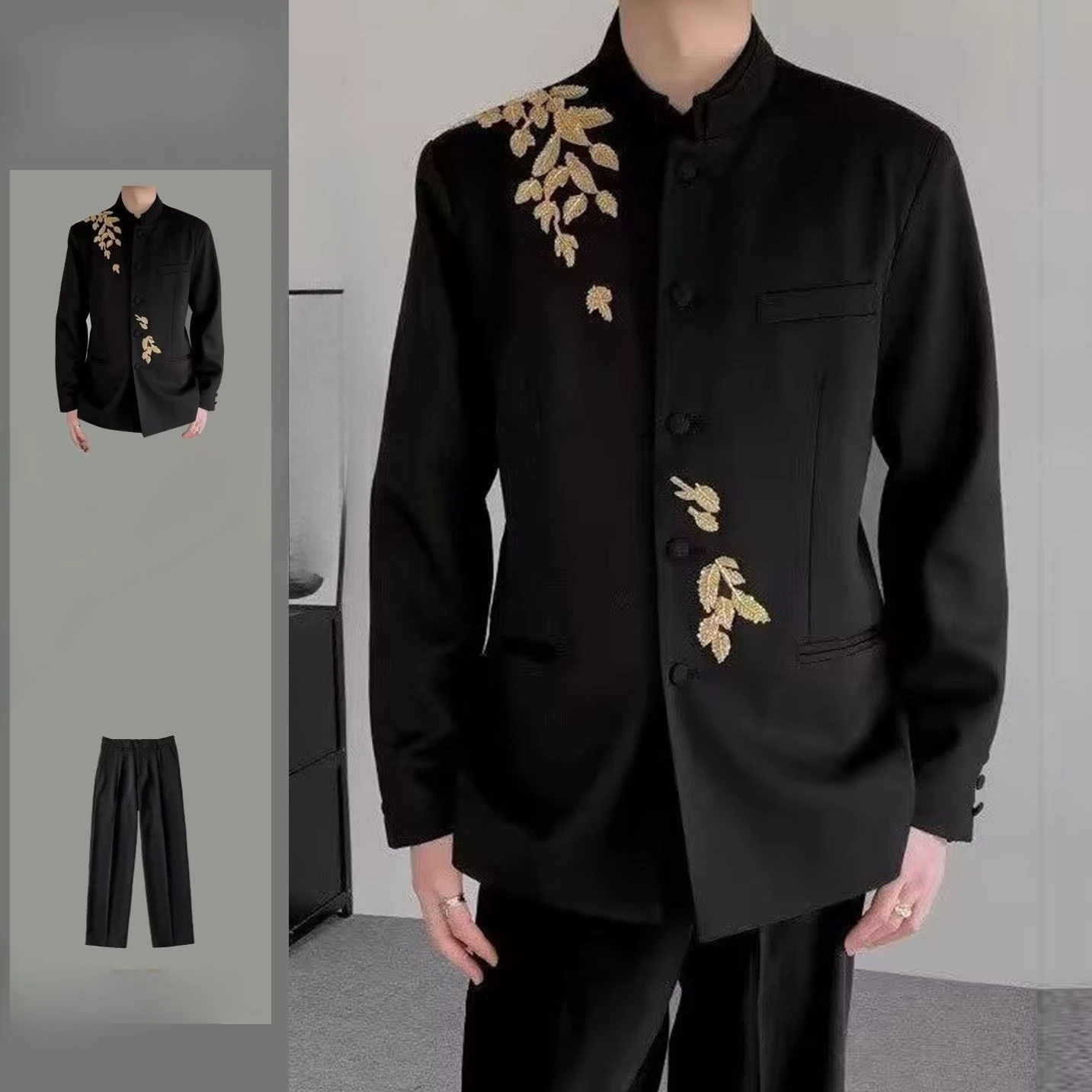 

A New Chinese-style Casual Jacket Men with A Stand-up Collar Handcrafted Beaded Zhongshan Suit Exuding Trendy and High-end Vibe