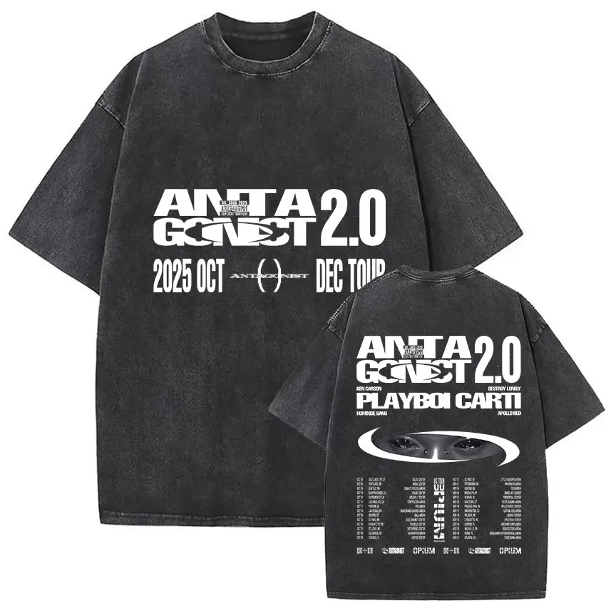 Rapper PLAYBOI CARTI ANTAGONIST Tour 2025 Merch T-Shirt Men's Gothic Hip Hop Short Sleeve T Shirt Vintage Washed Tees Streetwear