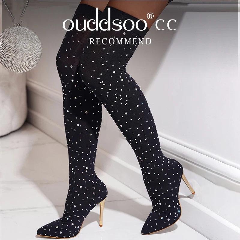 Ods Shiny Design Crystal Rhinestone Stretch Fabric Sexy High Heels Sock Over-the-Knee Boots Pointed Toe Pole Dancing Women Shoes